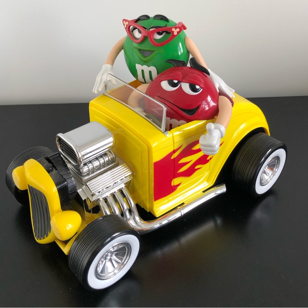 M&M’s candy dispenser green lady red character hotrod yellow car euc vintage 90s